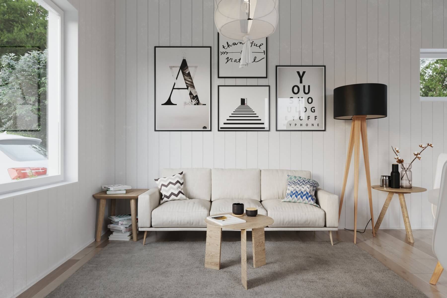 Klassisk 30.3 26 Soffhörna med soffa, soffbord och tavlor