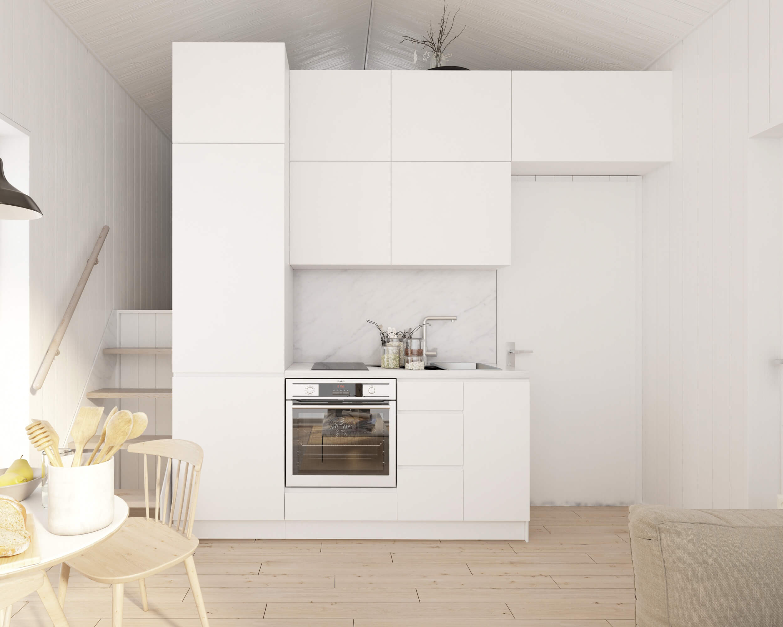 Attefallshus Klassisk Panorama 25.3 kök med vita köksluckor