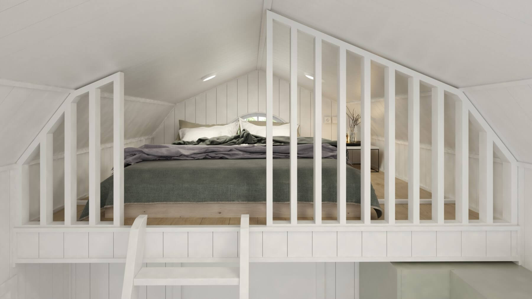 Loft med dubbelsäng i 25 kvm stort attefallshus med mansardtak