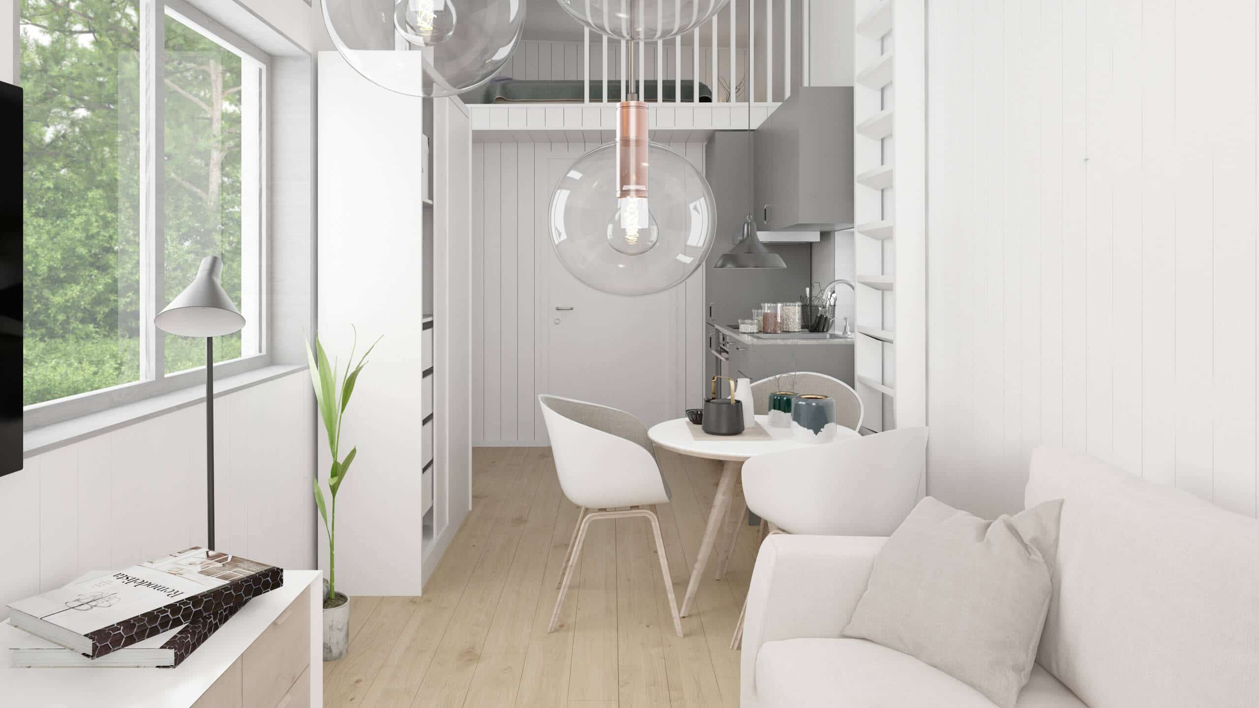 Attefallshus Rak 25.1 vardagsrum med soffa