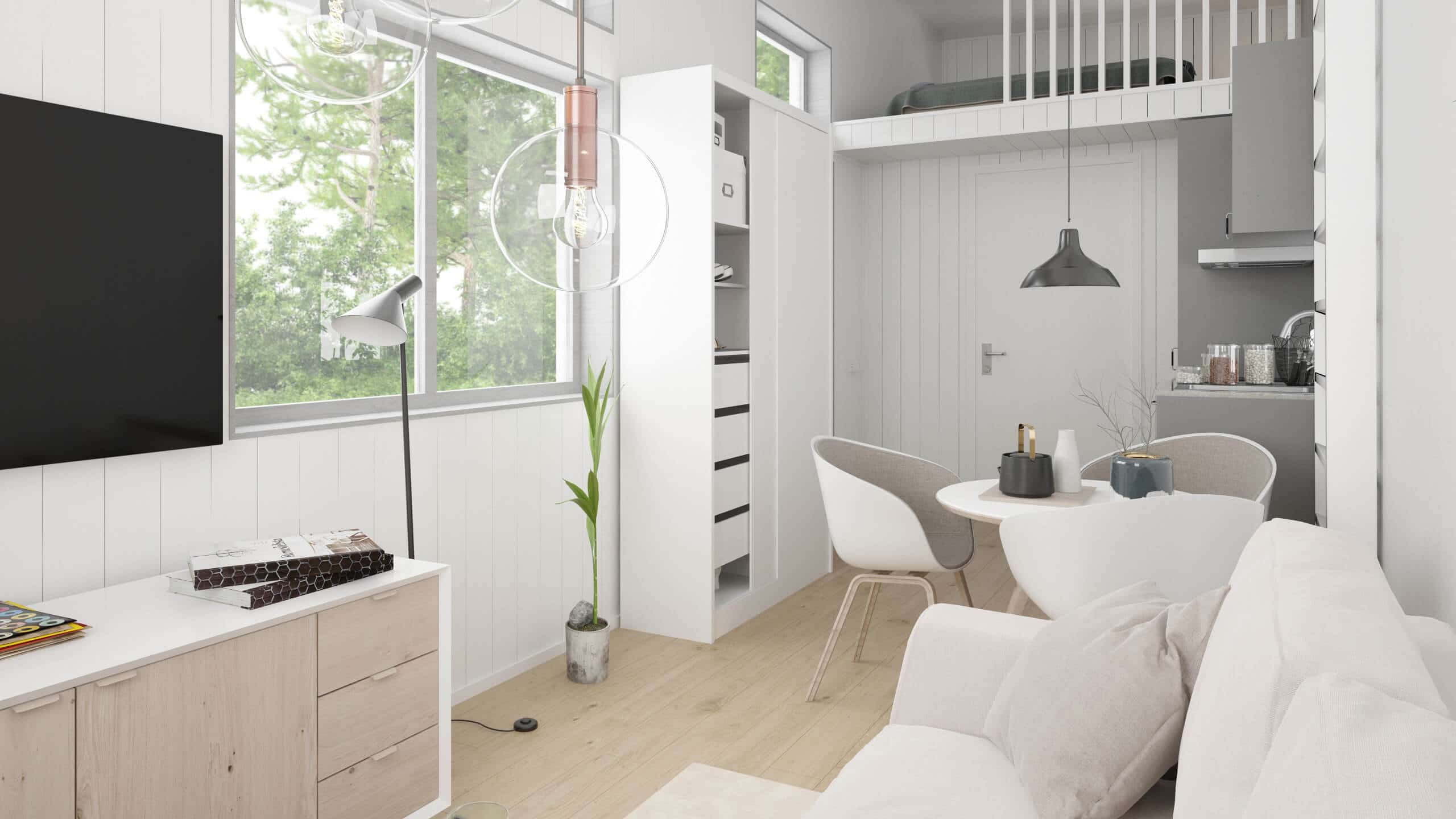 Attefallshus Rak 25.1 vardagsrum med soffa, tv och tv-bänk