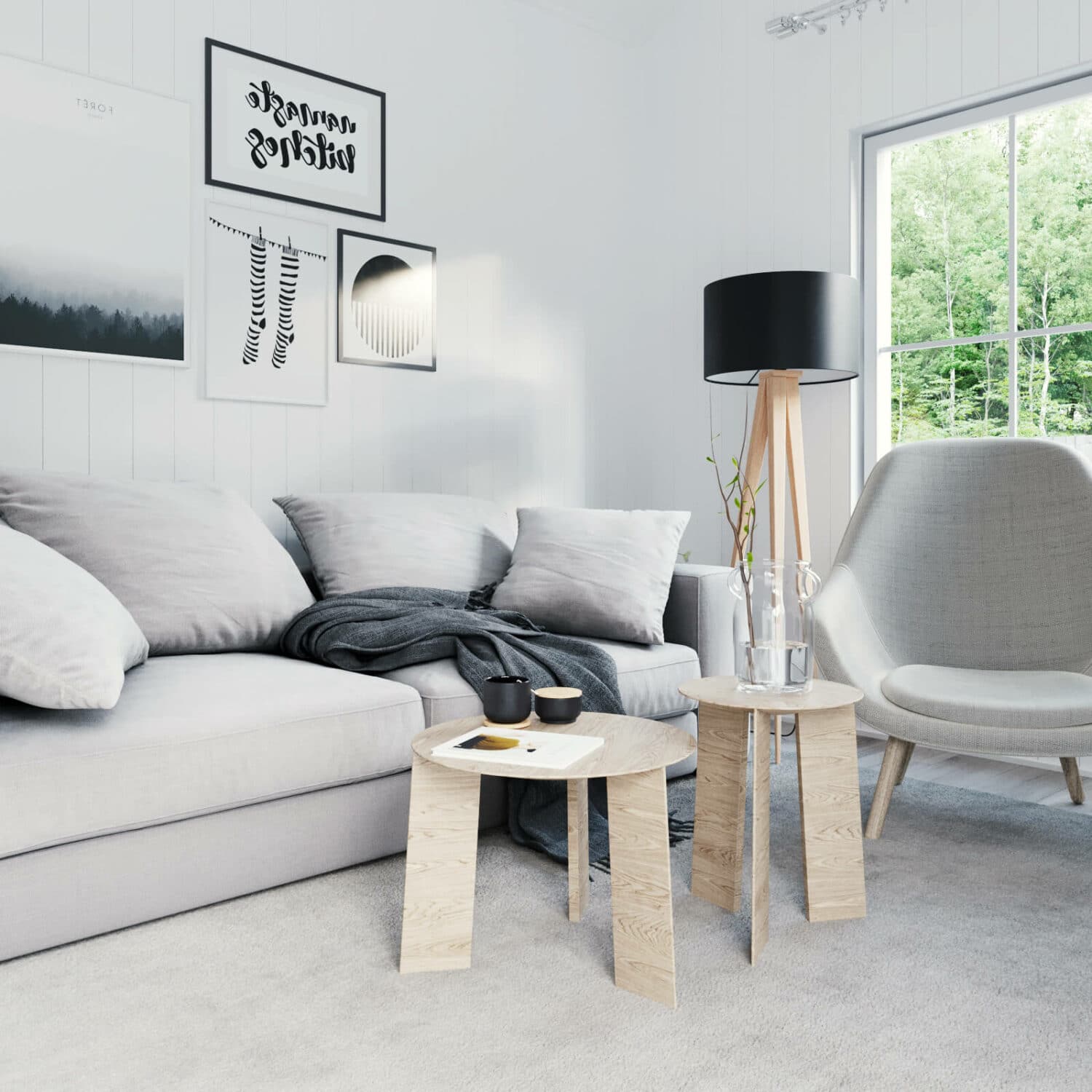 Vardagsrum i fritidshus med soffa, soffbord och fåtölj