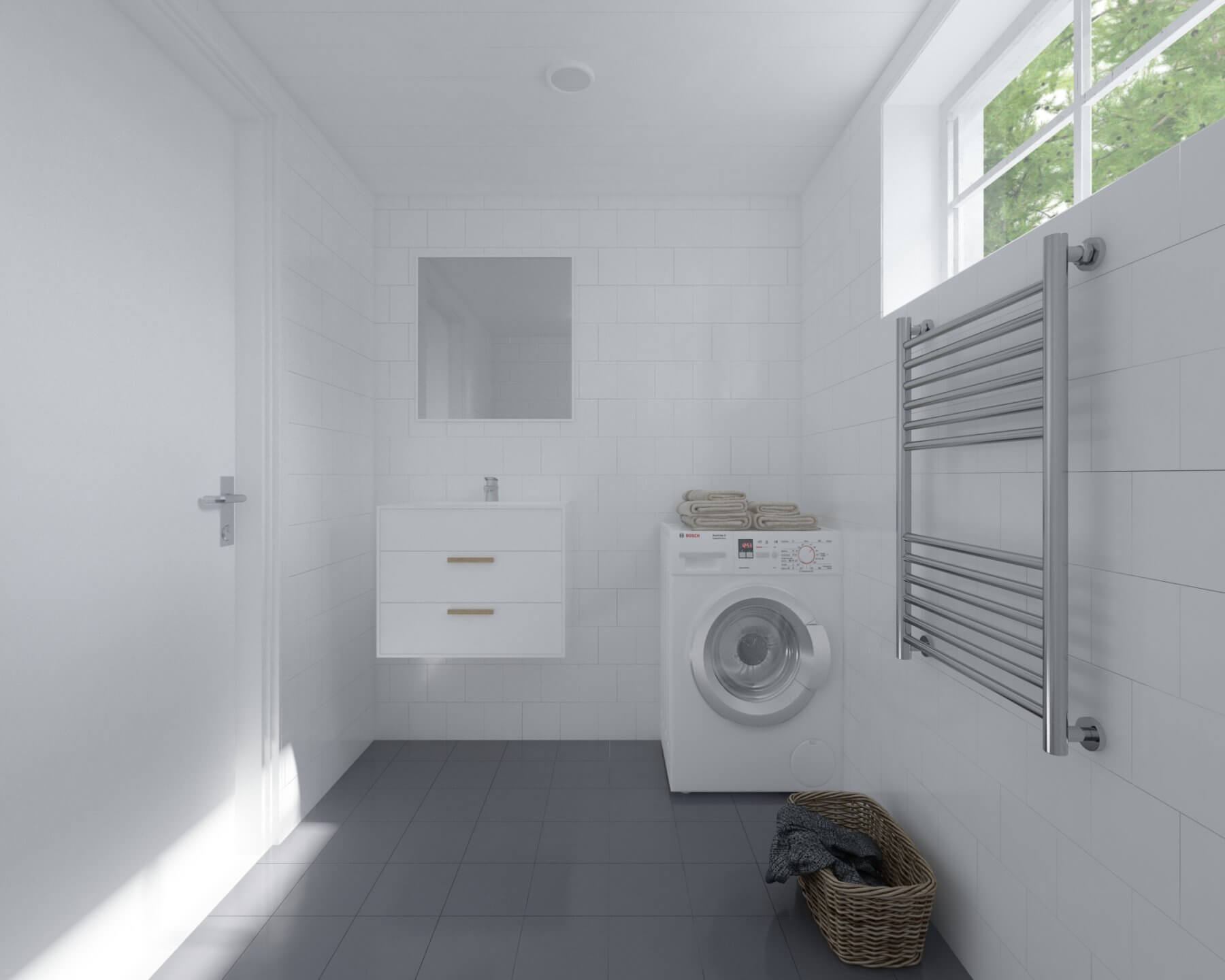 Attefallshus Klassisk 25.1 badrum med tvättmanskin, handfat och handdukstork