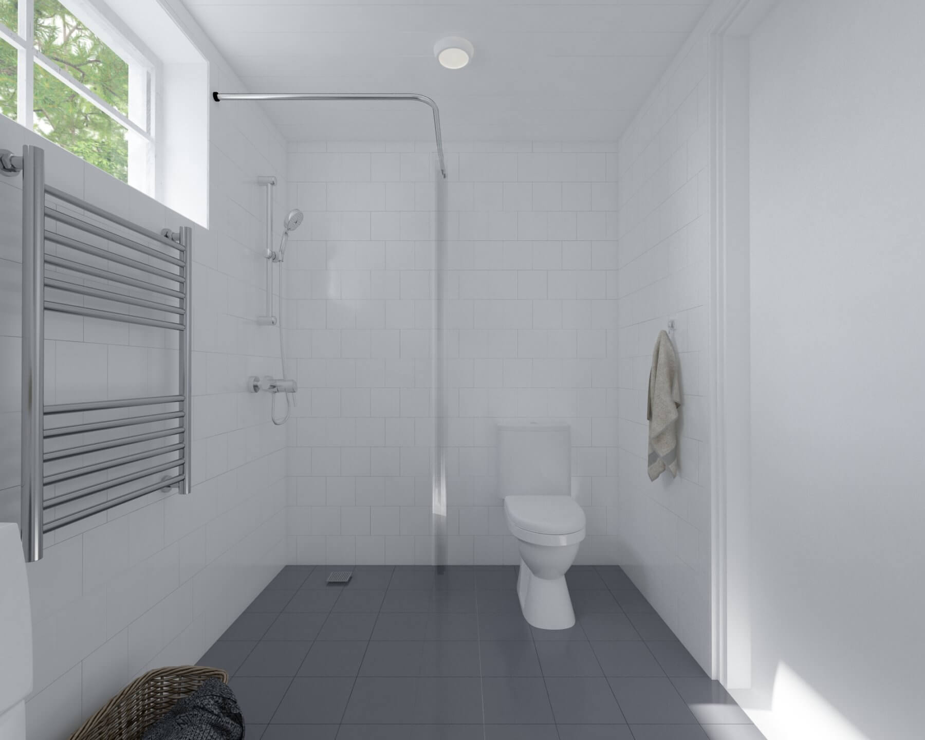 Attefallshus Klassisk 25.1 badrum med toalett, handdukstork och tvättmaskin
