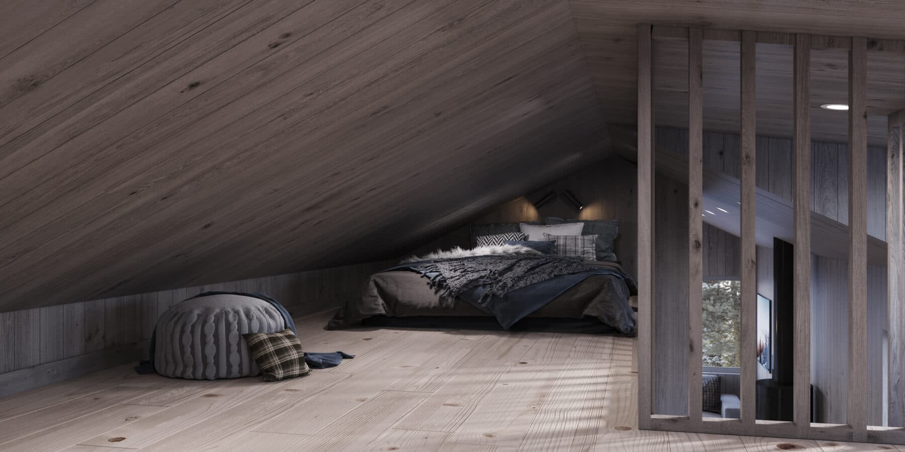 Fritidshus Klassisk rak 50.1KRP Interior sovrum loft morkt tra